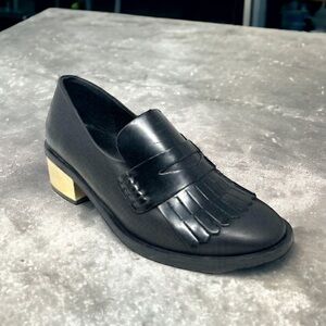 Miista Black Leather Kiltie Fringe Penny Loafers Size 36